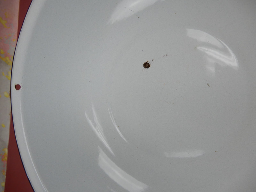 Enamelware Wash Basin Farmhouse Decor White with Black Rim and Hole for Hanging