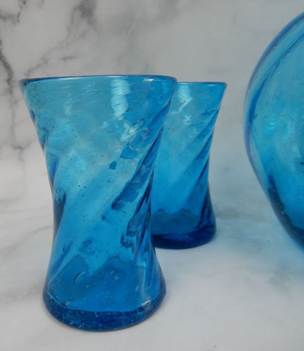 Vintage Avalos Mexican Tornillo Turquoise Hand Blown Pitcher and Four Glasses