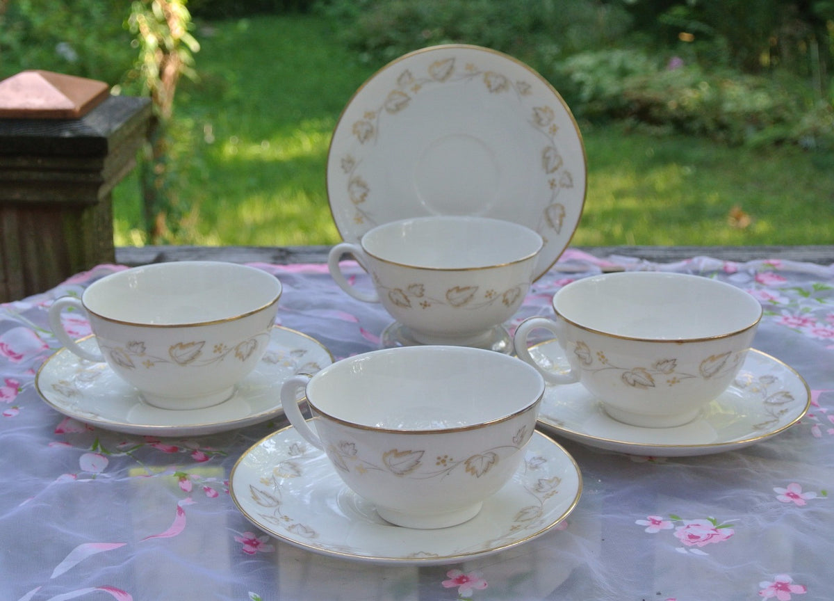 Set of 4 Noritake Ivory China Cups and Saucers "Gold Ivy" Pattern #7531