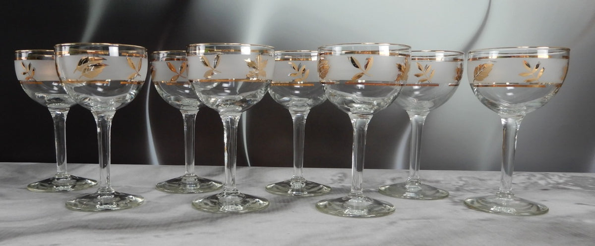 Vtg. Libbey Frosted Golden Foliage Gold Leaf Glass Cocktail Glasses, Set of 8