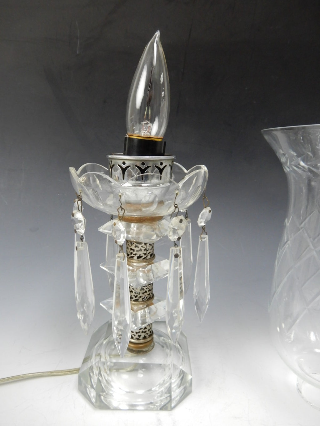 Vintage Crystal Boudoir Table Lamp W/Hanging Prisms and Flicker Flame  Bulb