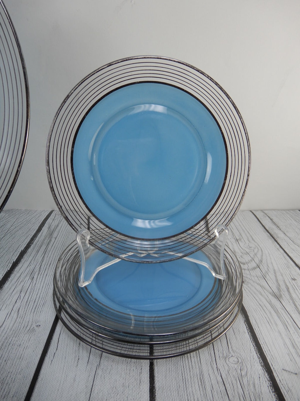 Set of Silver Rim Glass Blue Color Cake Plate and 8 Piece 7-1/2" Dessert Plates