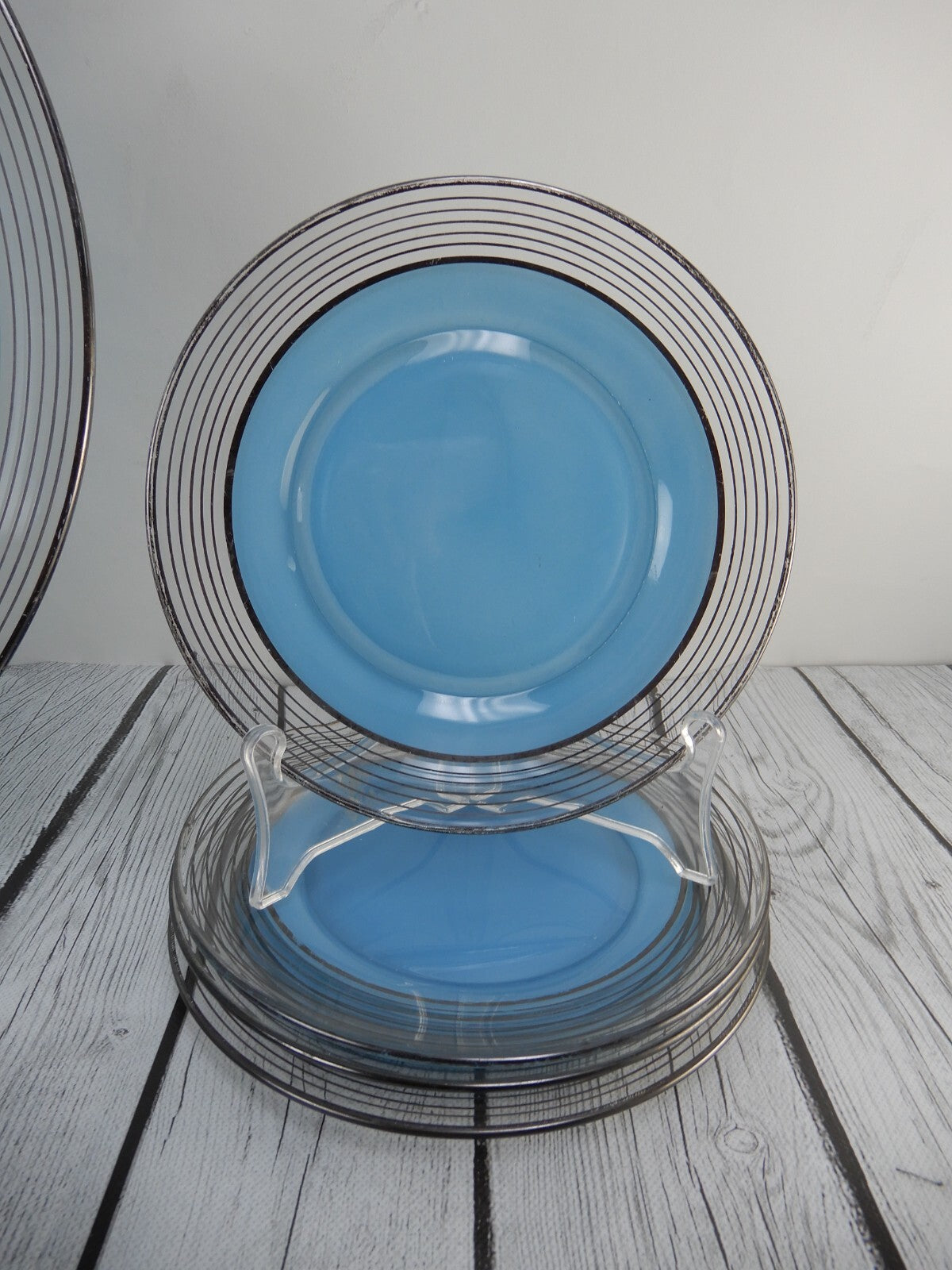 Set of Silver Rim Glass Blue Color Cake Plate and 8 Piece 7-1/2" Dessert Plates