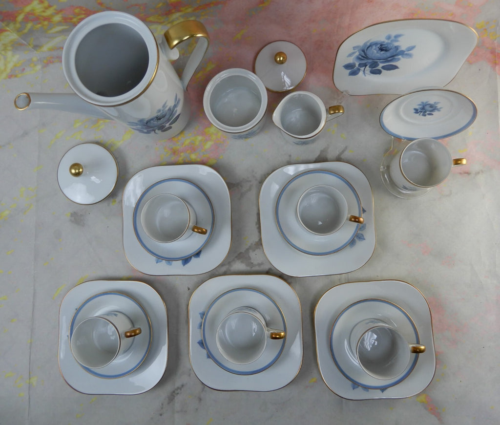 21 Set of Sweden Hackefors Porslin with Blue Roses Espresso Coffee Set For Six