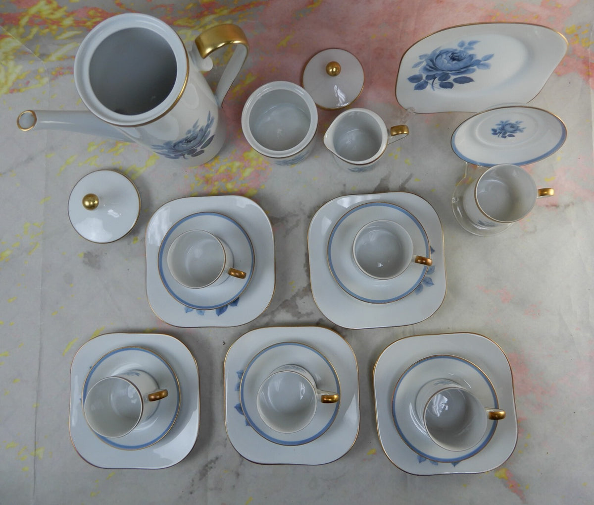 21 Set of Sweden Hackefors Porslin with Blue Roses Espresso Coffee Set For Six