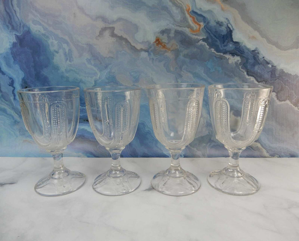 4 Curtain Tie Back Water Goblet Tumblers Early American Pattern Glass Adams & Co