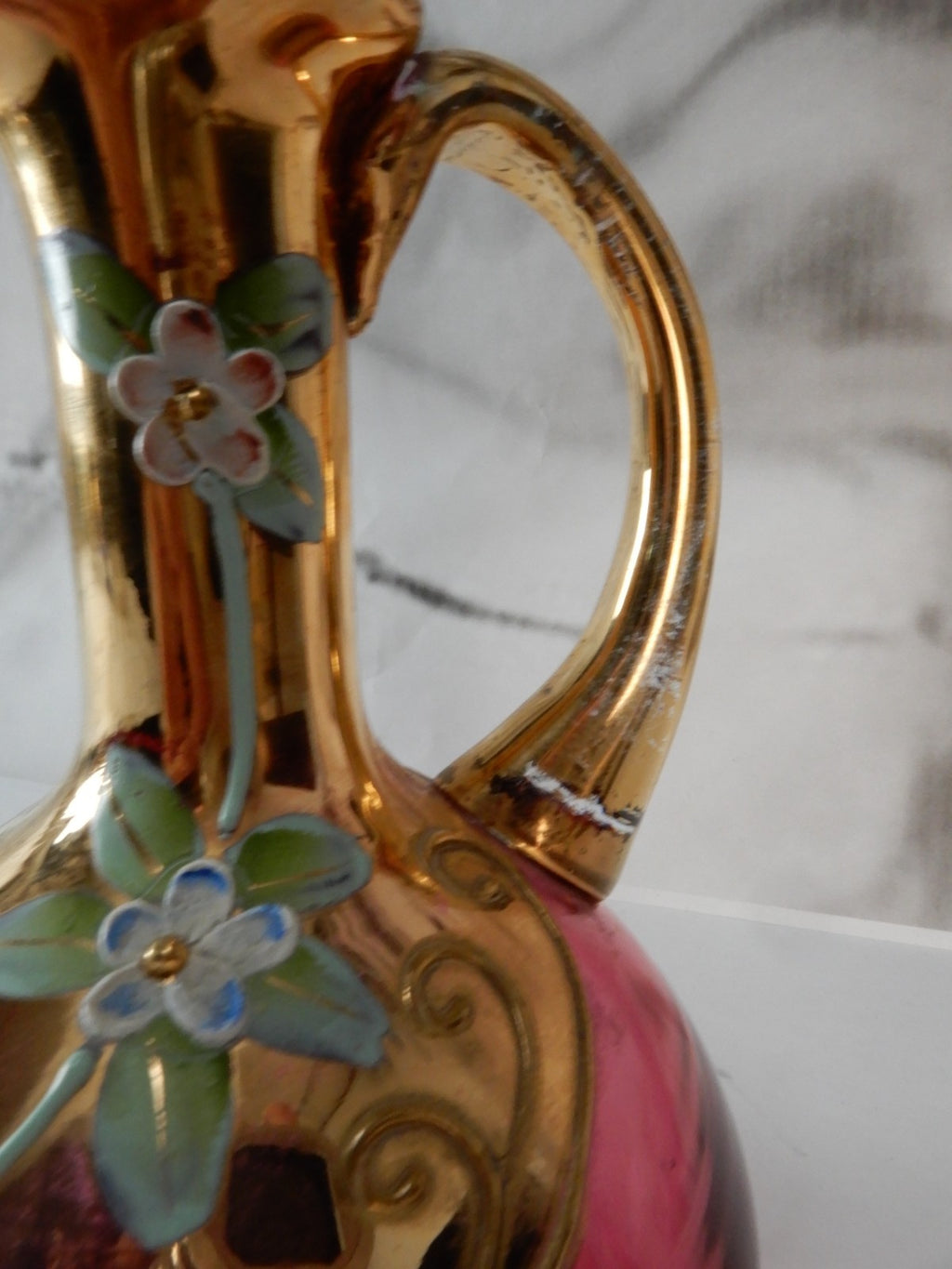 Vintage Glass Czech Bohemia Hand-Painted Red Cruet with Stopper