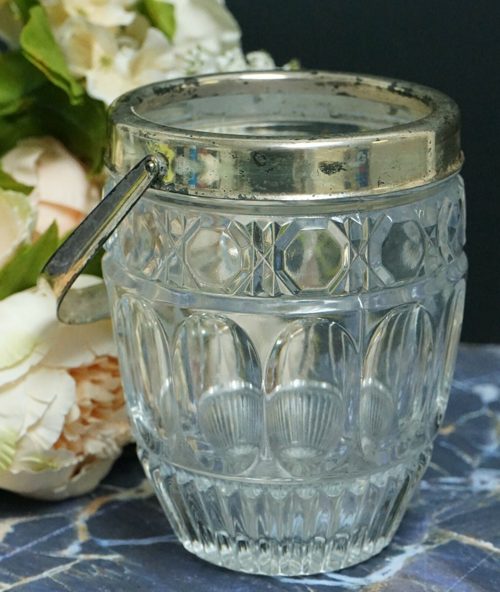 Vintage Small Press Clear Glass Ice Bucket with Silver Plated Handle