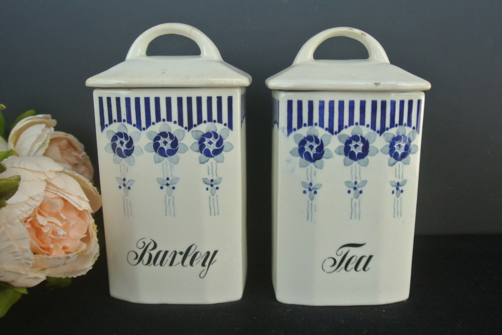VTG Grete Porcelain Transferware Tea And Barley Storage Jars Set Of 2