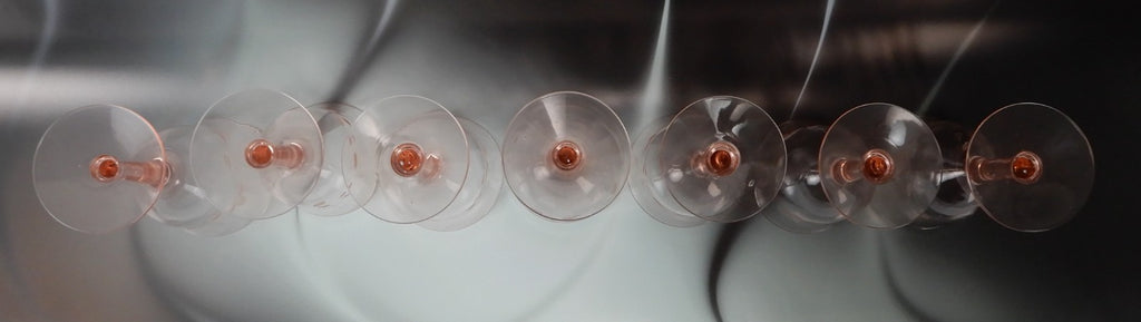 Set of 7 Pink Depression Floral Etched Stemware Wine Glasses ~10 Fluid Ounces
