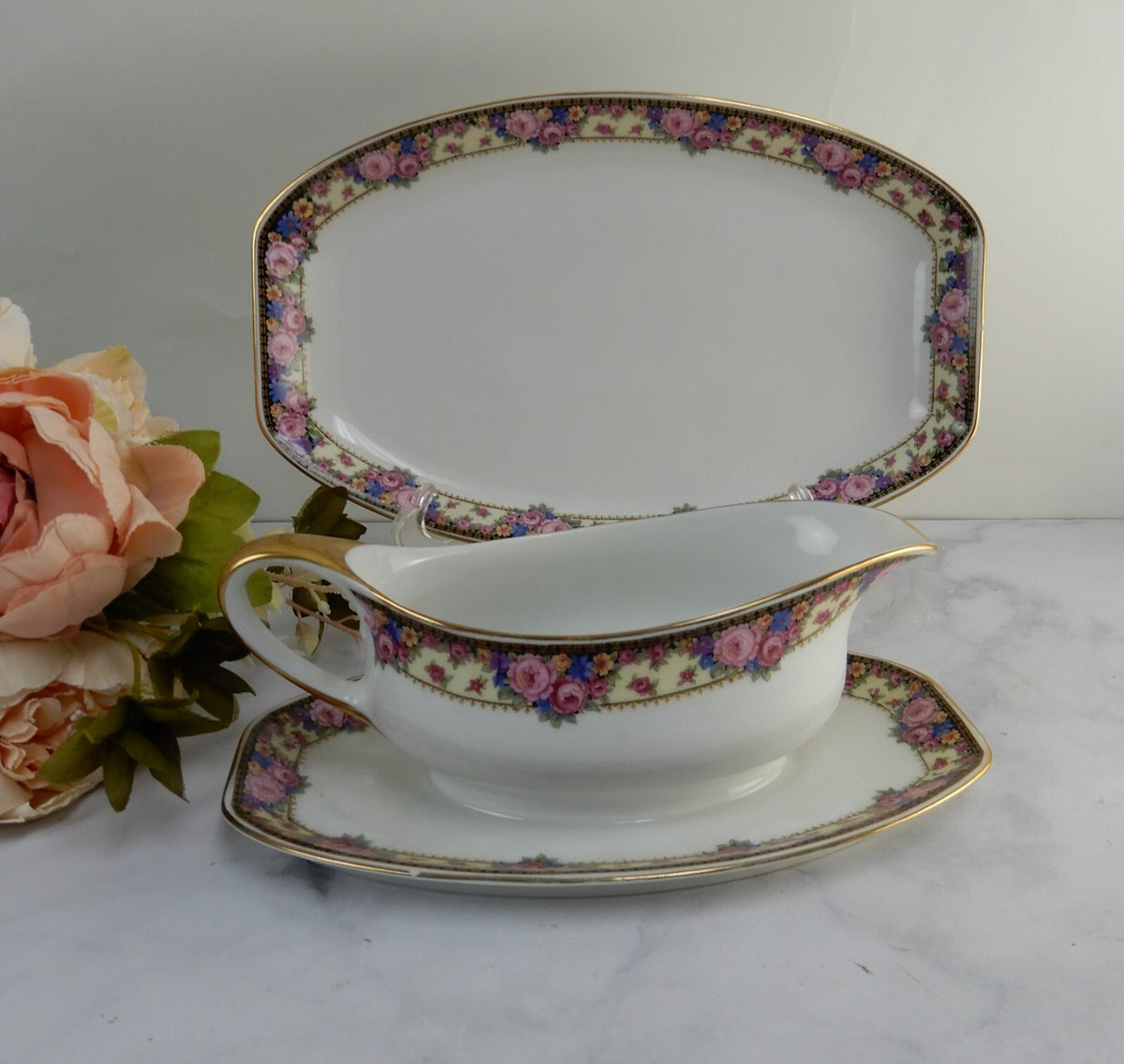 Vintage Edelstein Bavaria 11-1/8" Platter and Gravy Boat w/Attached Underplate