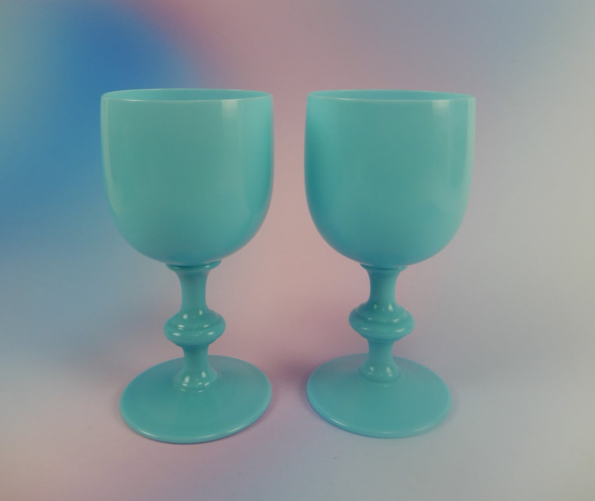Pair of Vtg Portieux Vallerysthal Blue Opaline Glass Goblets France 14oz