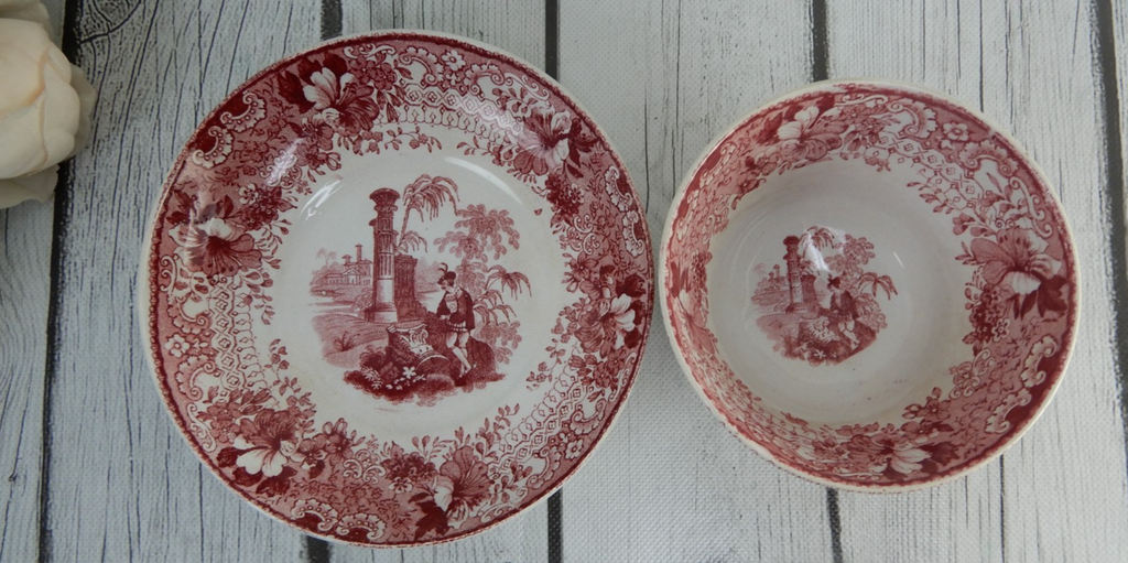Corinth Pattern Cramberry Red Transferware Handleless Cup and Saucer