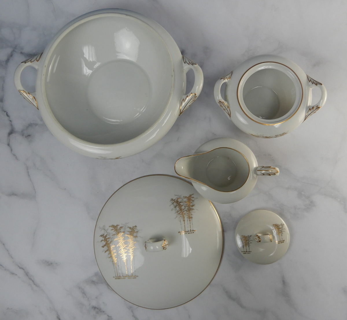FUKAGAWA Arita Japan ~Gold Bamboo Lidded Round Serving Bowl Creamer & Sugar Bowl