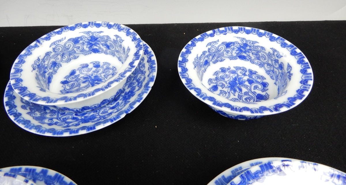 Flow Blue Style Set of 23 Piece 12 Ramekins Custard Cups with 11 Under Plates