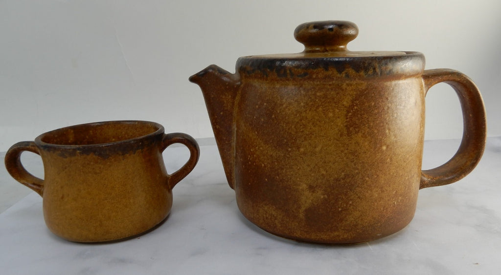 McCoy Pottery Canyon Mesa Double Handle Soup Bowl and Teapot Brown Stoneware