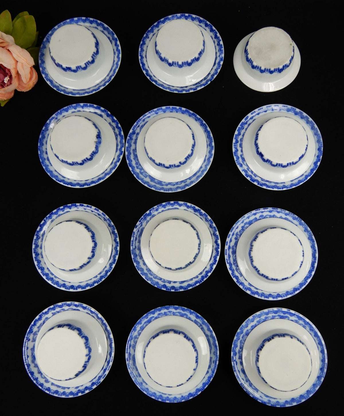 Flow Blue Style Set of 23 Piece 12 Ramekins Custard Cups with 11 Under Plates