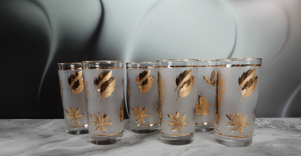 Vtg. Libbey Frosted Golden Foliage Gold Leaf Glass Highball Tumblers, Set of 6