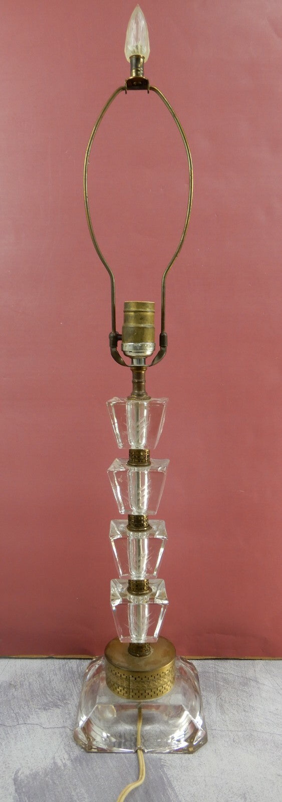Vintage 28-7/8" Tall Etch Stacked Lucite and Brass Table Lamp
