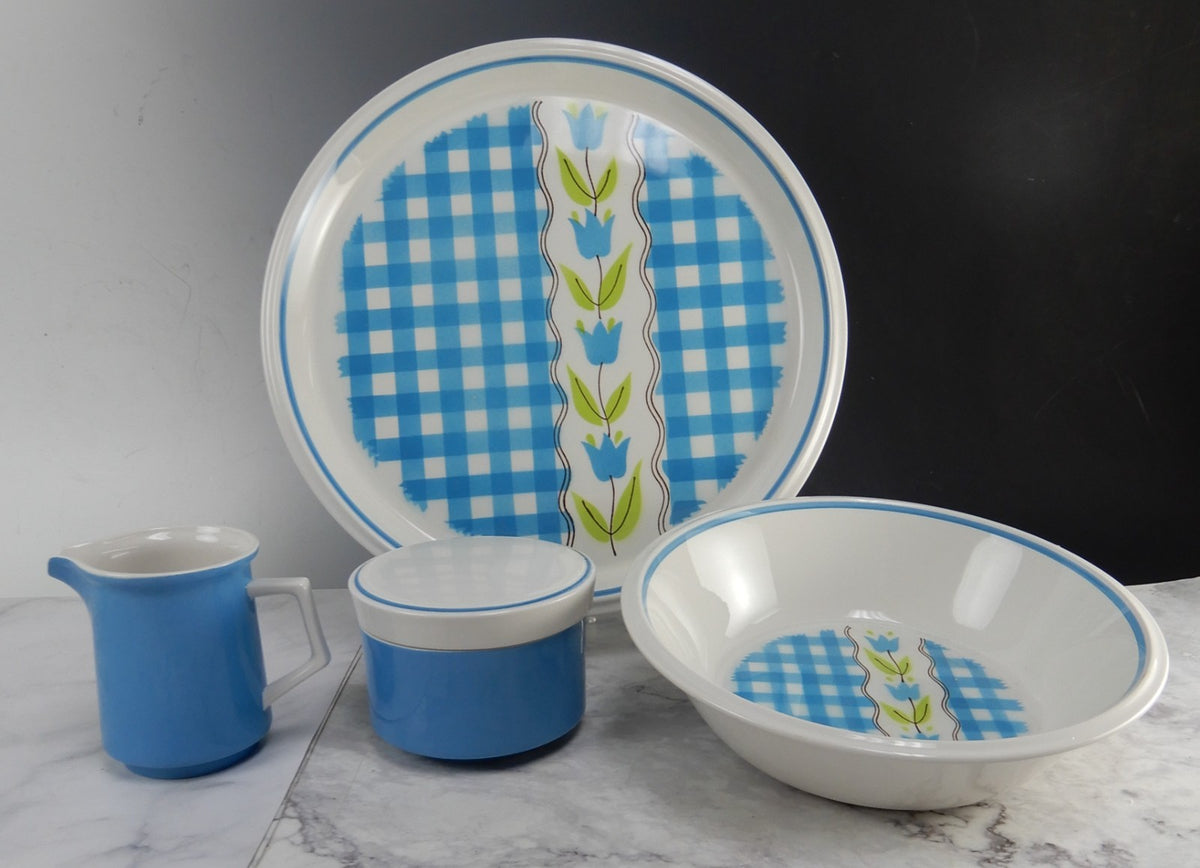 Vtge Mikasa Country Gingham Denim Serving Bowl,Creamer,Sugar Bowl,Round Platter