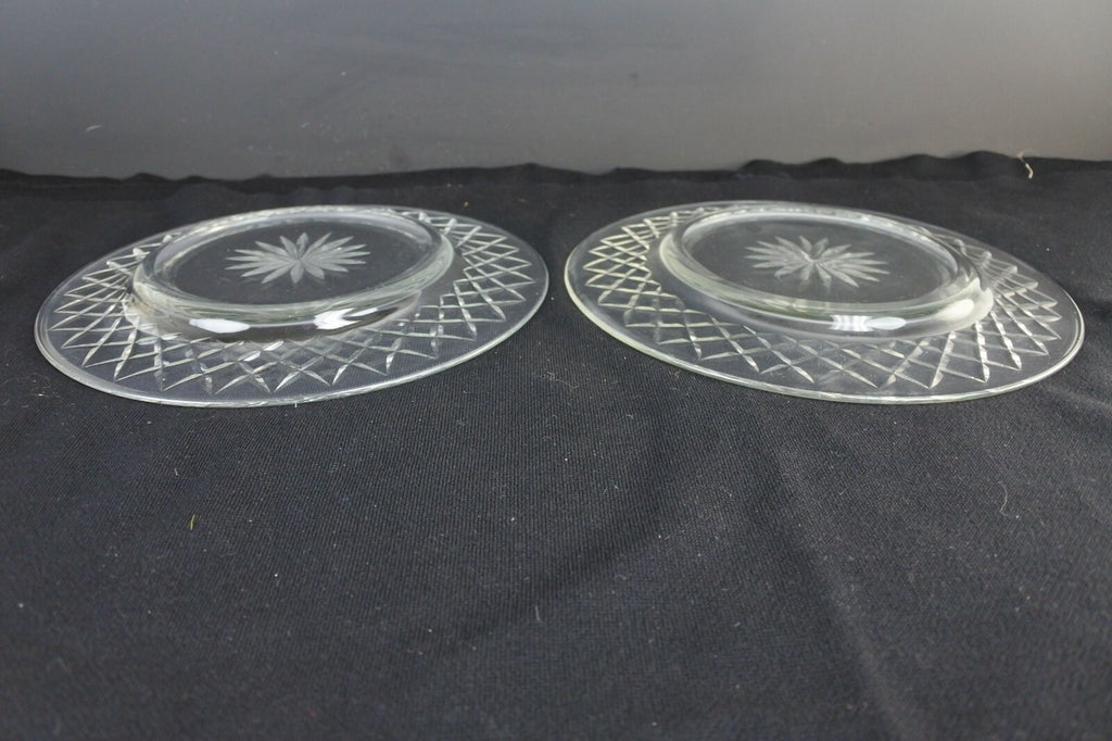 Lot of 6 Clear Glass Luncheon Plates With Criss Cross and Stardust Design