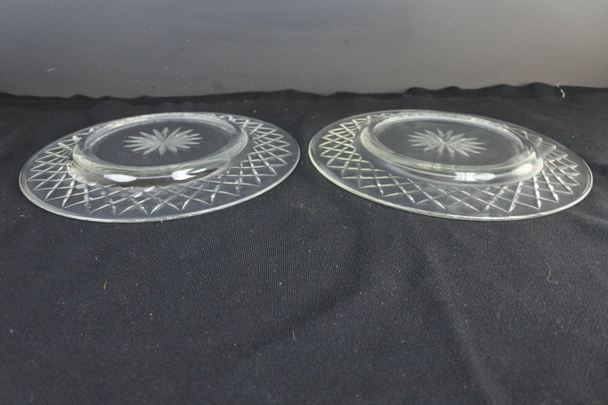 Lot of 6 Clear Glass Luncheon Plates With Criss Cross and Stardust Design
