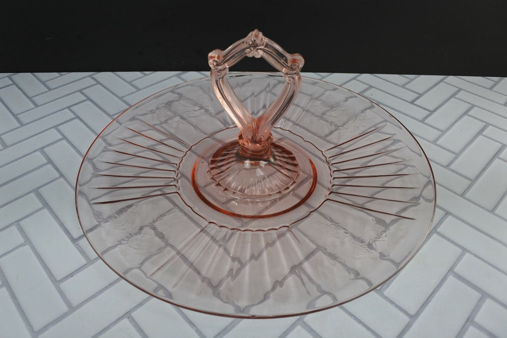 Hocking Glass Mayfair aka Open Rose, Pink, Center Handled Sandwich Server Tray