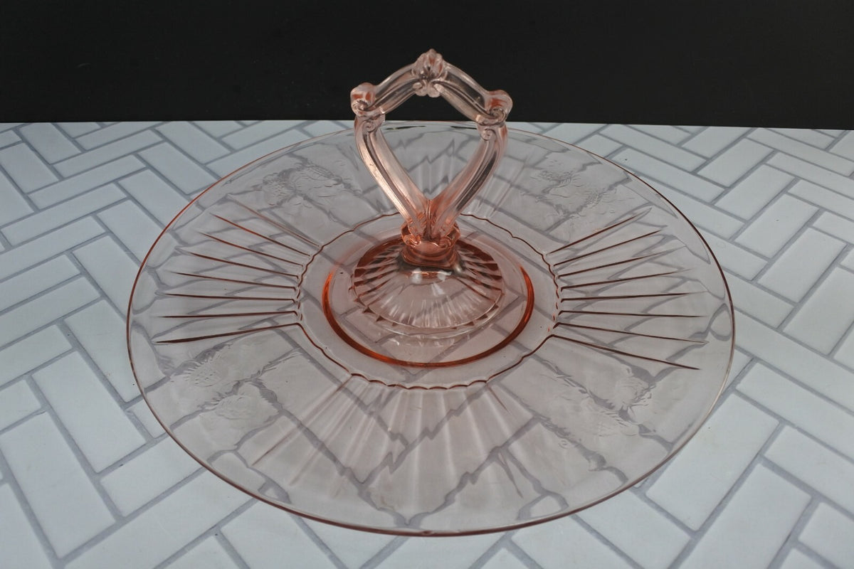 Hocking Glass Mayfair aka Open Rose, Pink, Center Handled Sandwich Server Tray