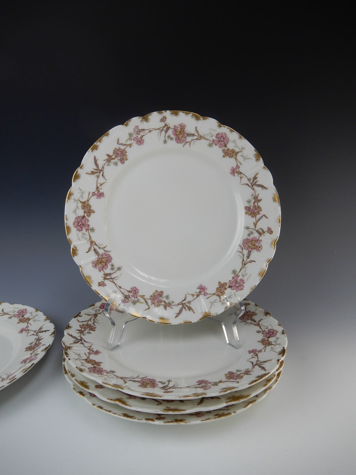 5 Pc.Antique Haviland Limoges France with Carnation Flowers 9-1/2" Dinner Plates