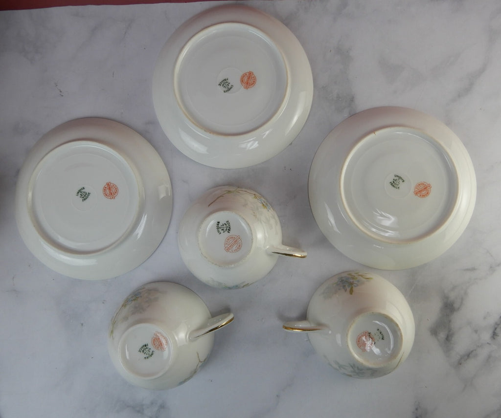 Antique Limoges A. Lanternier France Porcelain Blue Floral 3 Cups and Saucers
