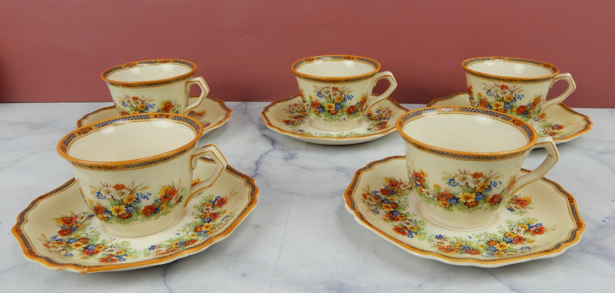 Set of 5 Vintage John Maddock & Sons "Meadow Flowers" Small Cup and Saucers