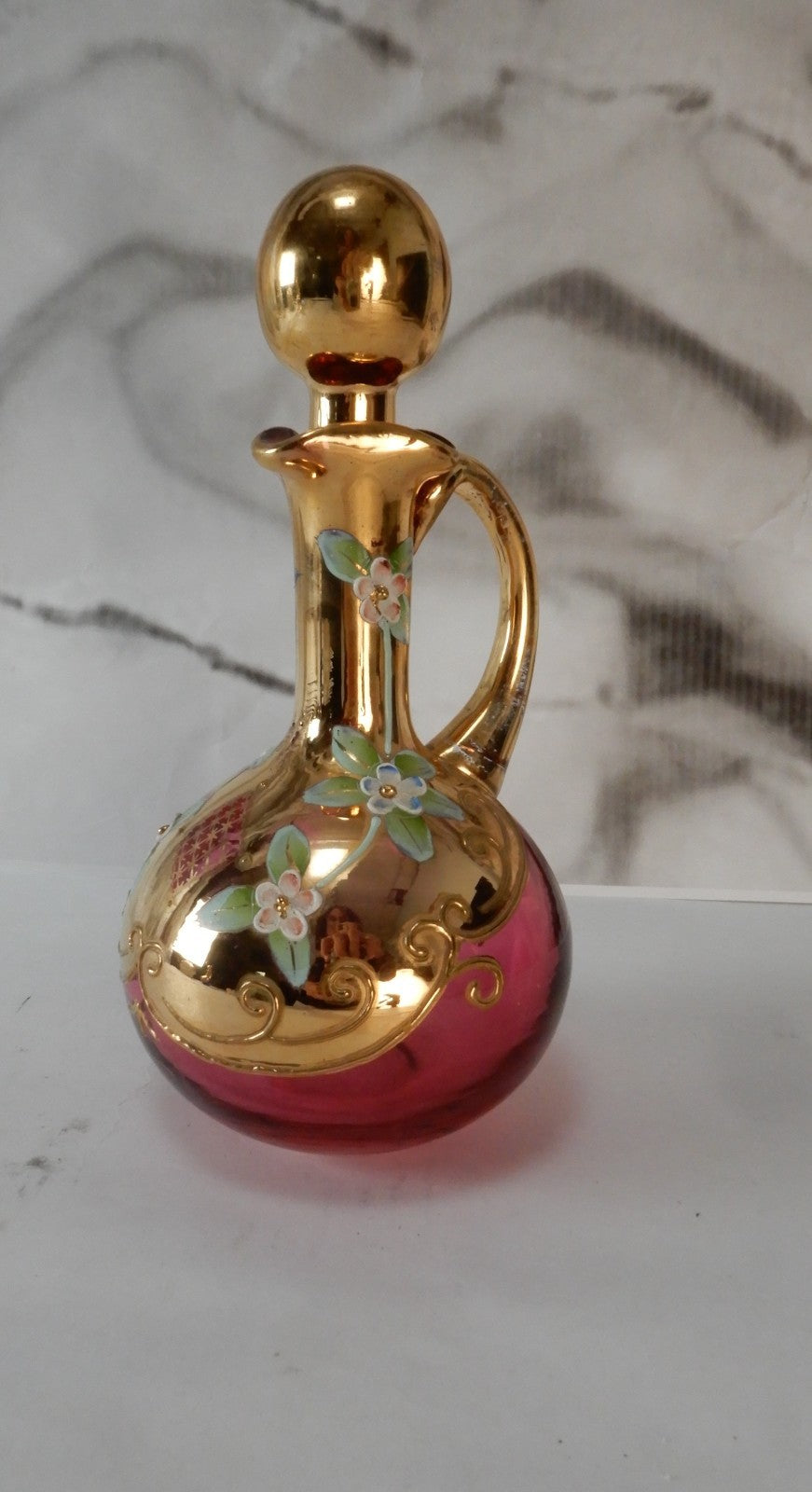 Vintage Glass Czech Bohemia Hand-Painted Red Cruet with Stopper