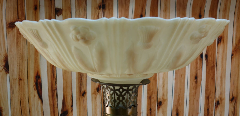 Heavy Torchiere Opaque White & Caramel Shade Embossed Art Deco for Floor Lamp