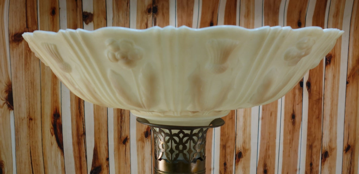 Heavy Torchiere Opaque White & Caramel Shade Embossed Art Deco for Floor Lamp