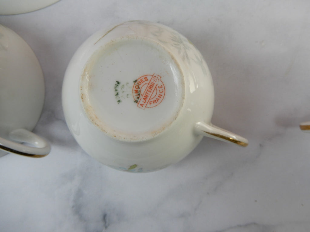 Antique Limoges A. Lanternier France Porcelain Blue Floral 4 Cups and Saucers