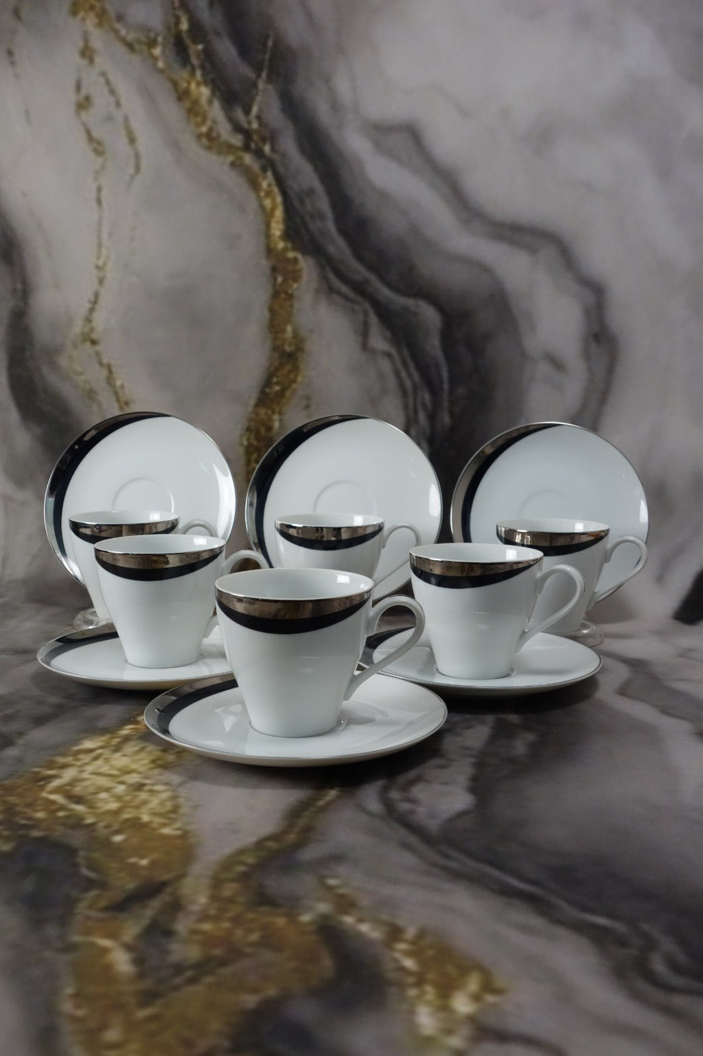 Set of 6 Cups and Saucers Mikasa Platinum Fascination Pattern Made in Japan