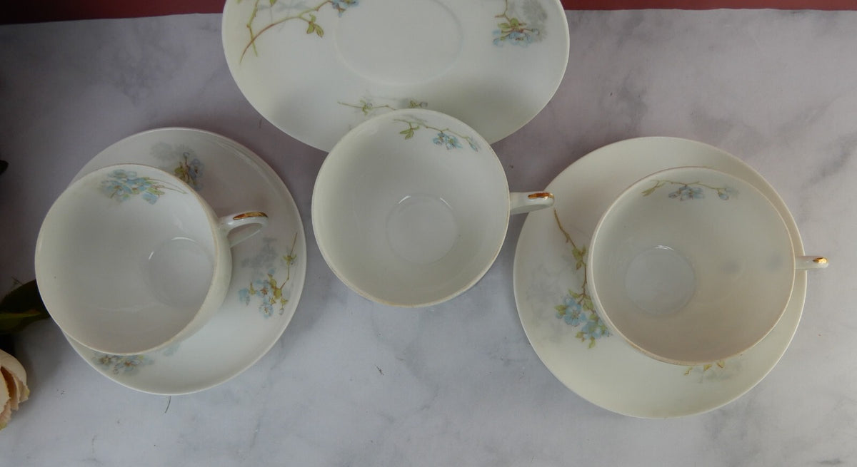Antique Limoges A. Lanternier France Porcelain Blue Floral 3 Cups and Saucers