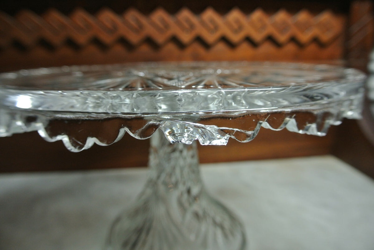 Vintage Star and Fans Press Glass Cake Stand