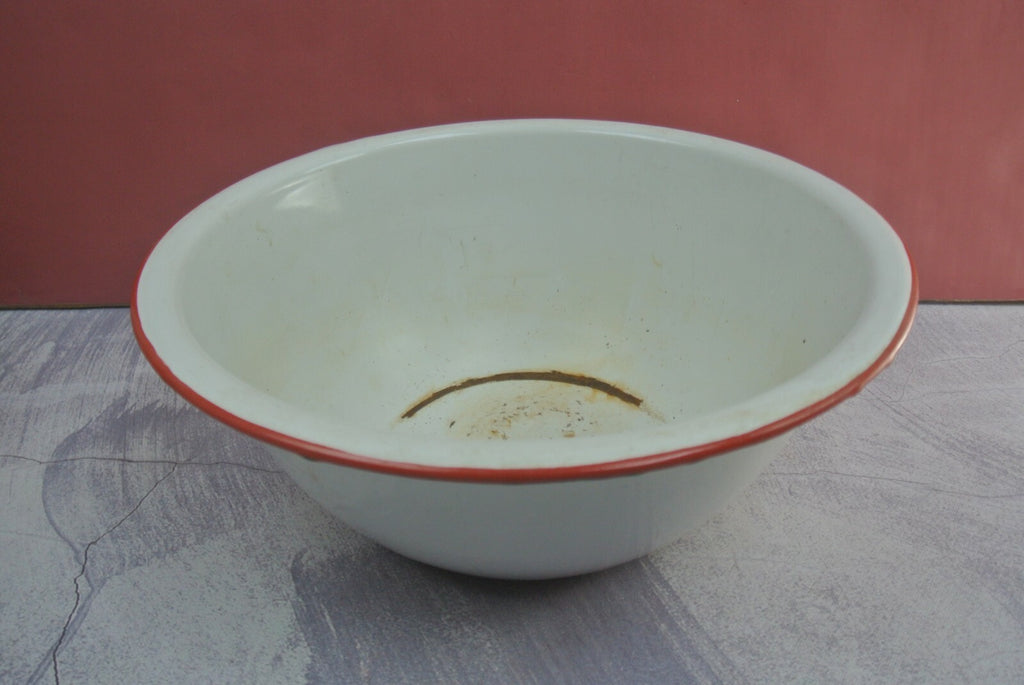 Pair Of Vintage Vintage White Black and Red Trimmed Enamelware As Is