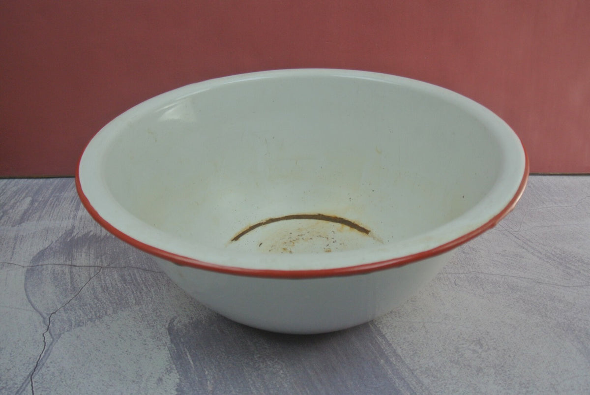 Pair Of Vintage Vintage White Black and Red Trimmed Enamelware As Is