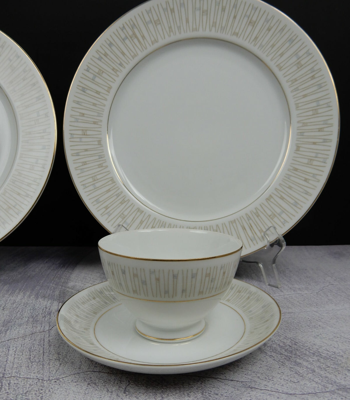 Mikado Malay Gold & Gray Pieces Two Dinner Plates,Two sets of Cups and Saucers