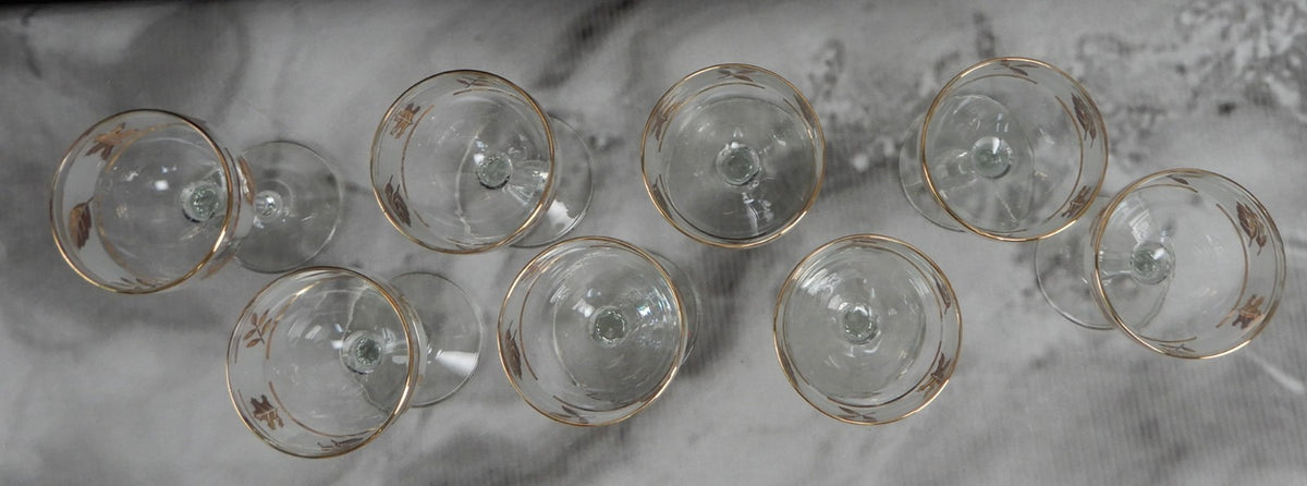 Vtg. Libbey Frosted Golden Foliage Gold Leaf Glass Cocktail Glasses, Set of 8