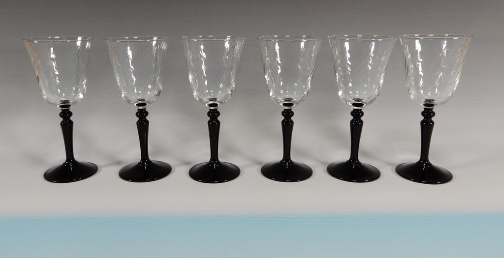 6 Piece Cristal D'Arques Onyx Wine Glasses W/Optic Bowls Black Stem France 5oz