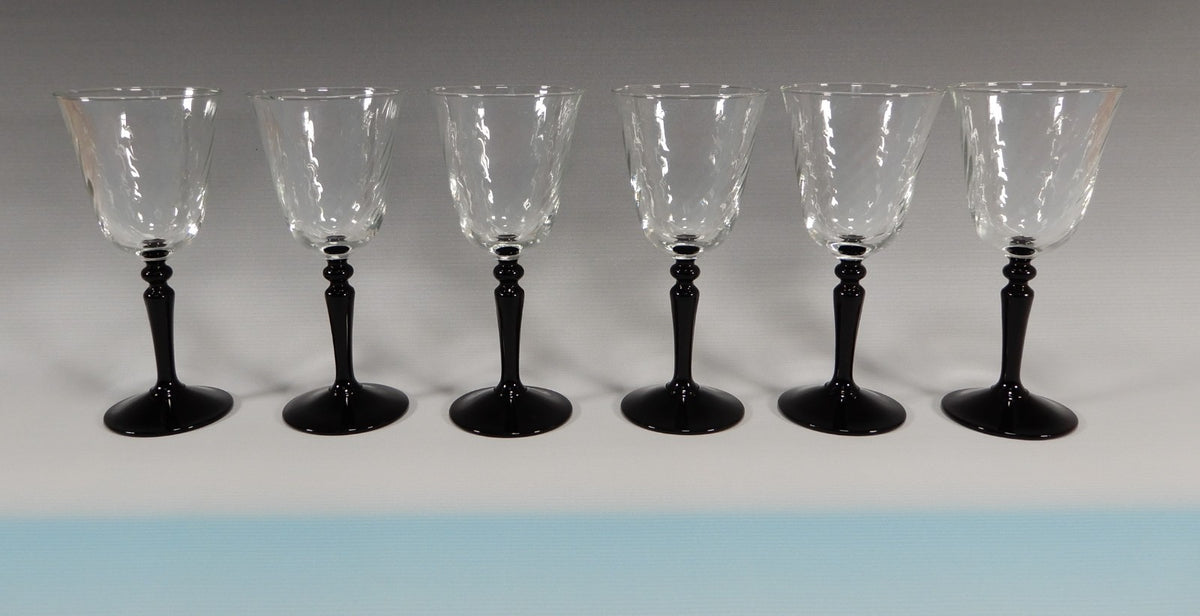 6 Piece Cristal D'Arques Onyx Wine Glasses W/Optic Bowls Black Stem France 5oz