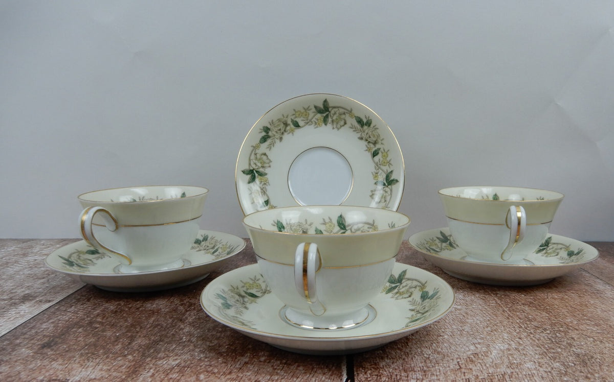 Vintage Noritake Morimura 5020 White Rose and Leaf Set of 3 Cups and Saucers