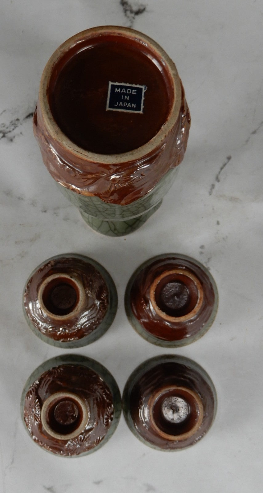 Vtg Japanese Obori Soma Ware Guinomi by Hansho “kikuoshi” Sake Pitcher and Cups