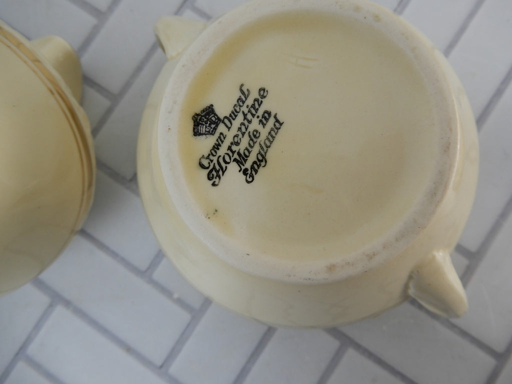Vintage Crown Ducal Gold Gild Band Florentine Sand Cream Sugar Bowl and Creamer
