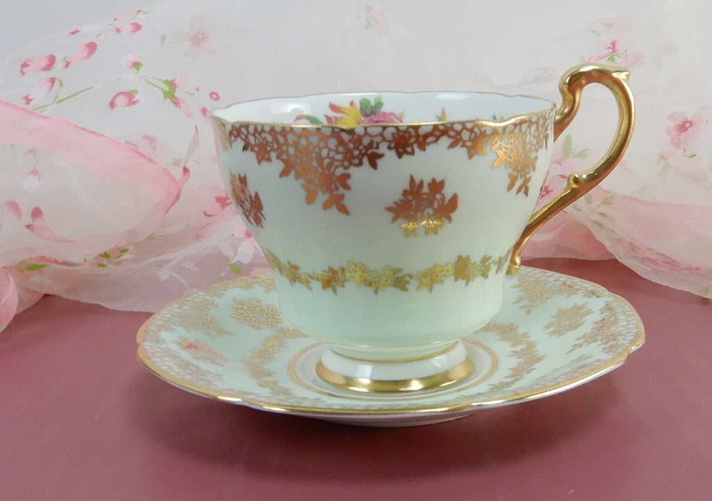 Paragon Double Warrant Mint Green Gold Filigree Tea Cup & Saucer