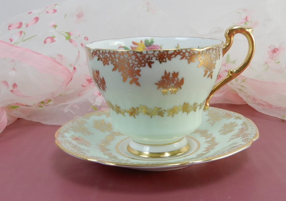 Paragon Double Warrant Mint Green Gold Filigree Tea Cup & Saucer