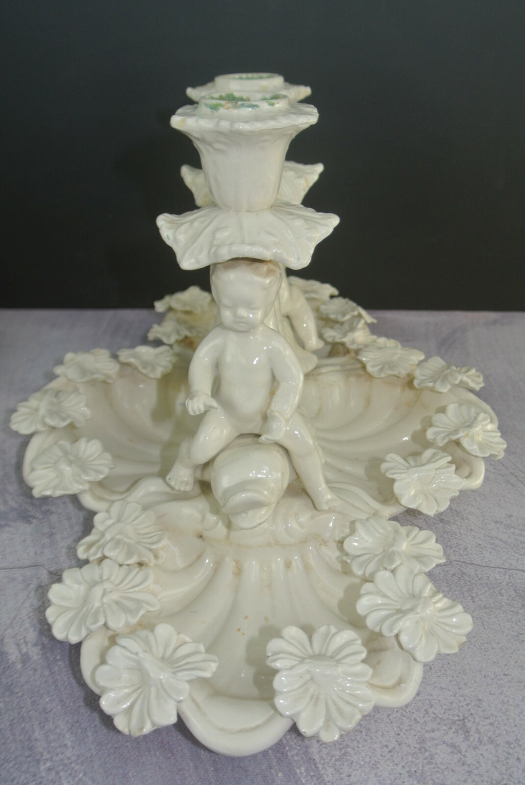Ceramic Double Candlebra Clamshell Base Baby Cherub Babies Sitting on Dolphins